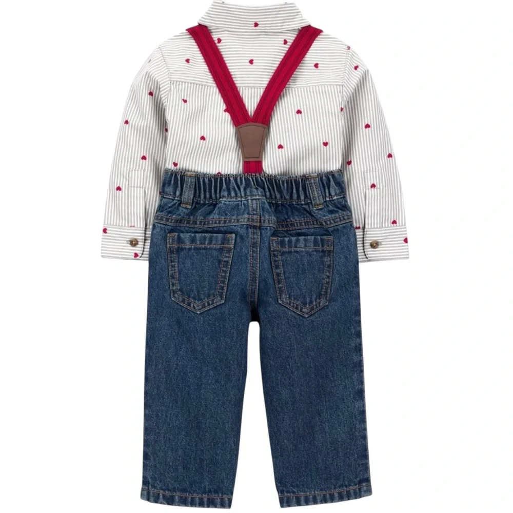 Carter’s Valentine’s Day Heart Striped Button Down w/ Denim Suspender Jeans